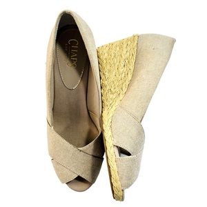 Chaps Linen Wedge Peep Toe Espadrilles Shoes 9M.
